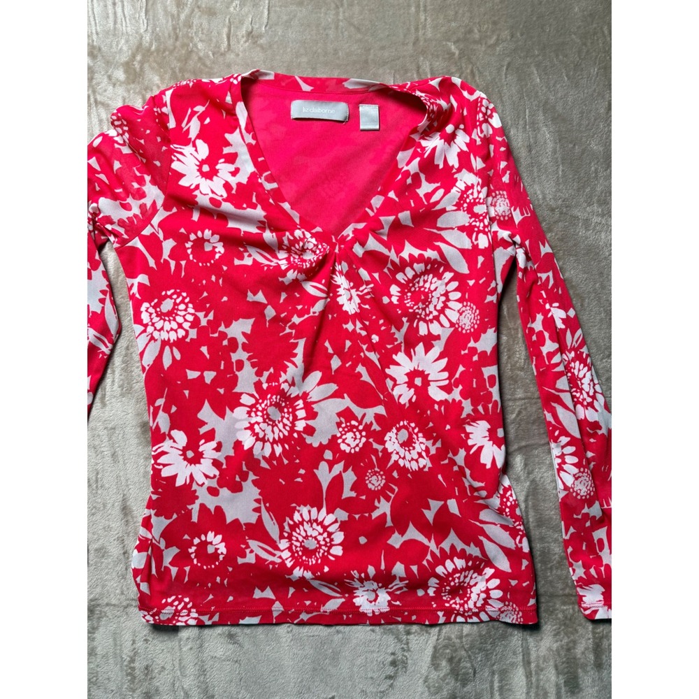 Liz Claiborne Womens Red White Floral V-Neck Long‎ Sleeve Mesh Top Small